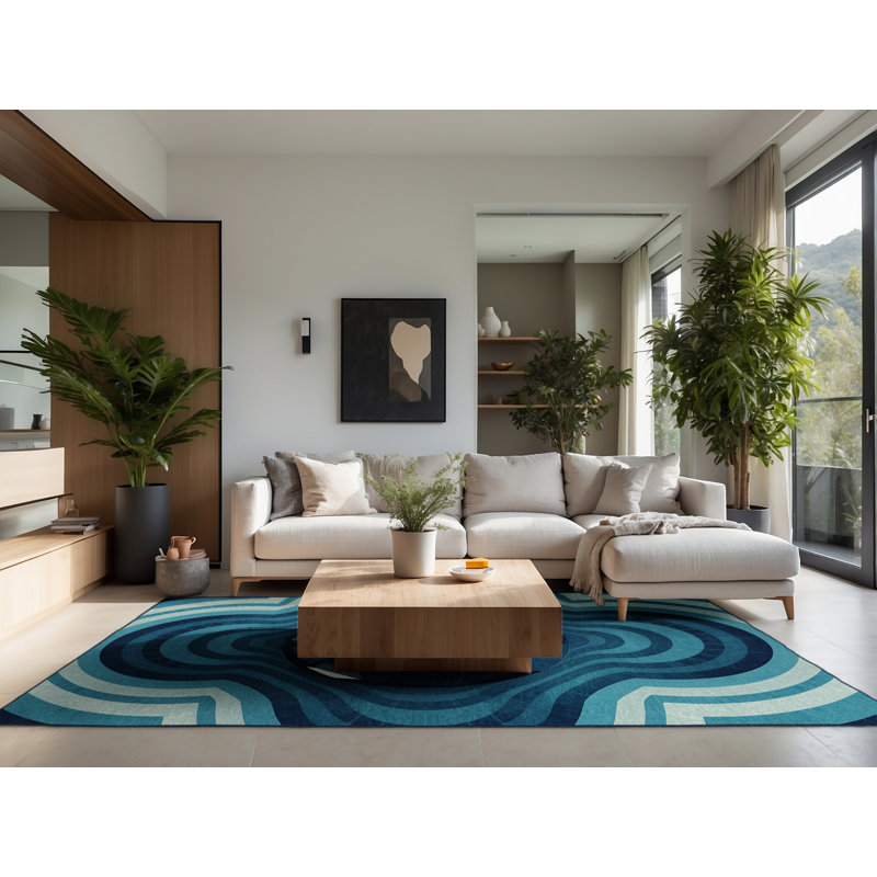 Soft Plush Vance Global Inspired Geometric Area Rug in Blue – Navy Binding, 2x3
