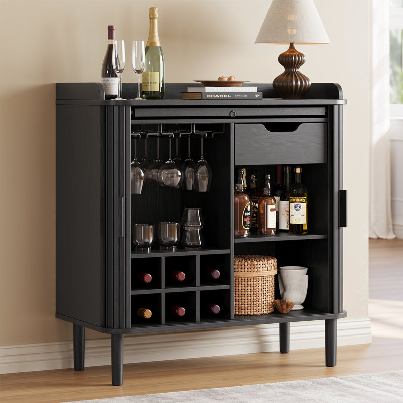 31.5'' Coffee Bar Cabinet With Wooden Sliding Door, Mid-Century Bar Stand With Wine Glass Holder, Wine Rack, Pull-Out Tray And Drawer