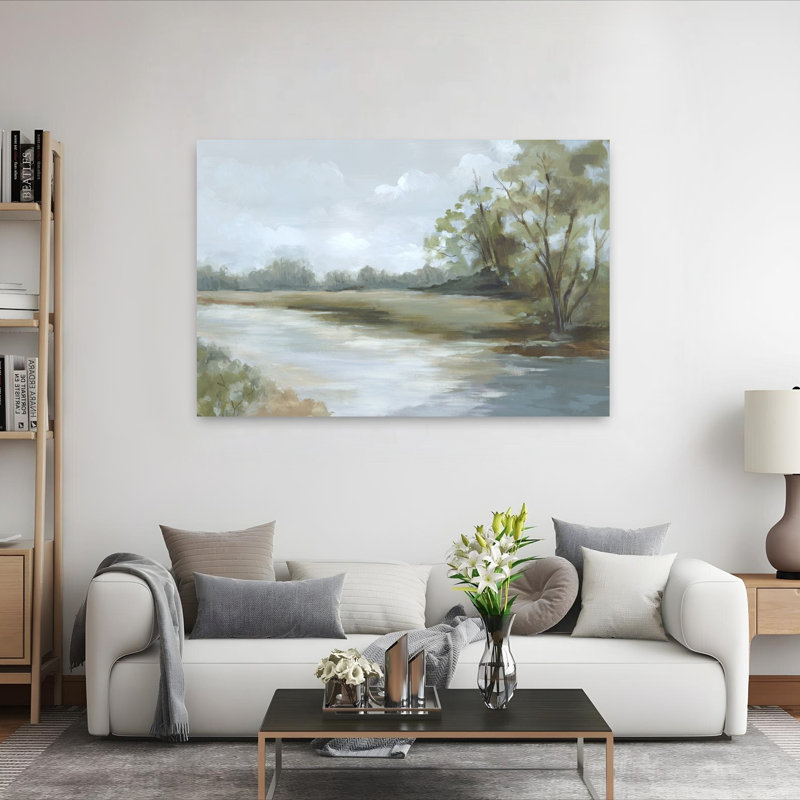 Tranquil Riverbank Reflections Abstract Contemporary Landscape Nature, art mural, H 40 po x l 60 po