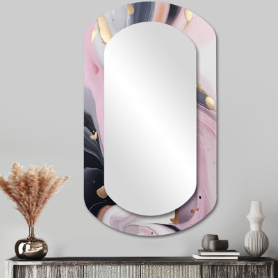 Pink And Gold Mysterious Marble V - Marble Cylinder Large Wall Mirror, Modern Asymmetrical Unique Mirror, Printed Metal Art