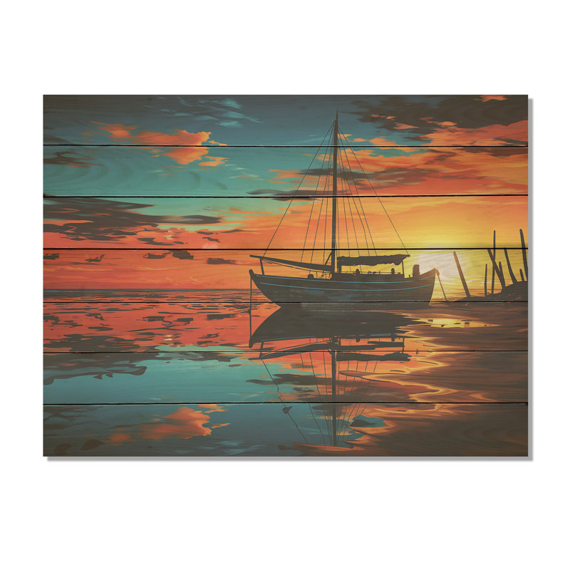 Sunset Sailboat Silhouette - Coastal Minimalism On Wood Print, 34" H x 44" W x 0.78" D