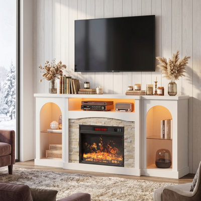 70" Farmhouse Fireplace Tv Stand For Tvs Up To 80 Inches,featuring A 23-inch Electric Fireplace And Dual Led Lighting