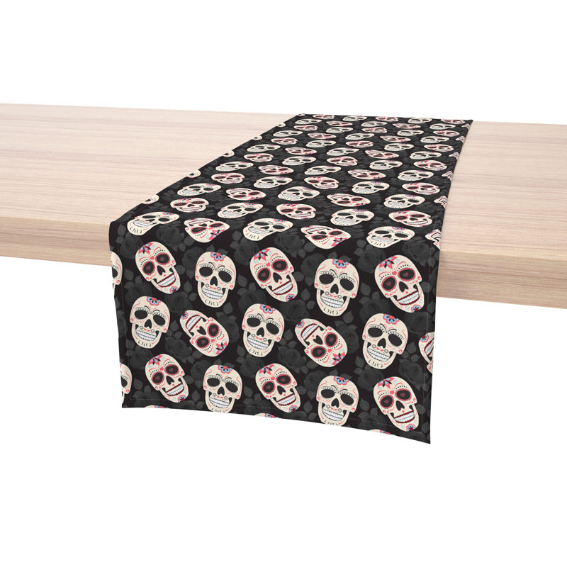 Geometric Halloween Table Runner, 72" x 12", Dia De Los Muertes Skulls