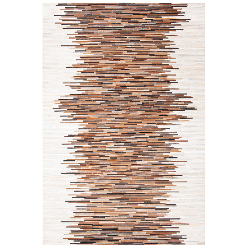Tapis abstrait ivoire / brun en cuir feutré tissé à la main Seavey, Rectangle 10 pi x 14 pi