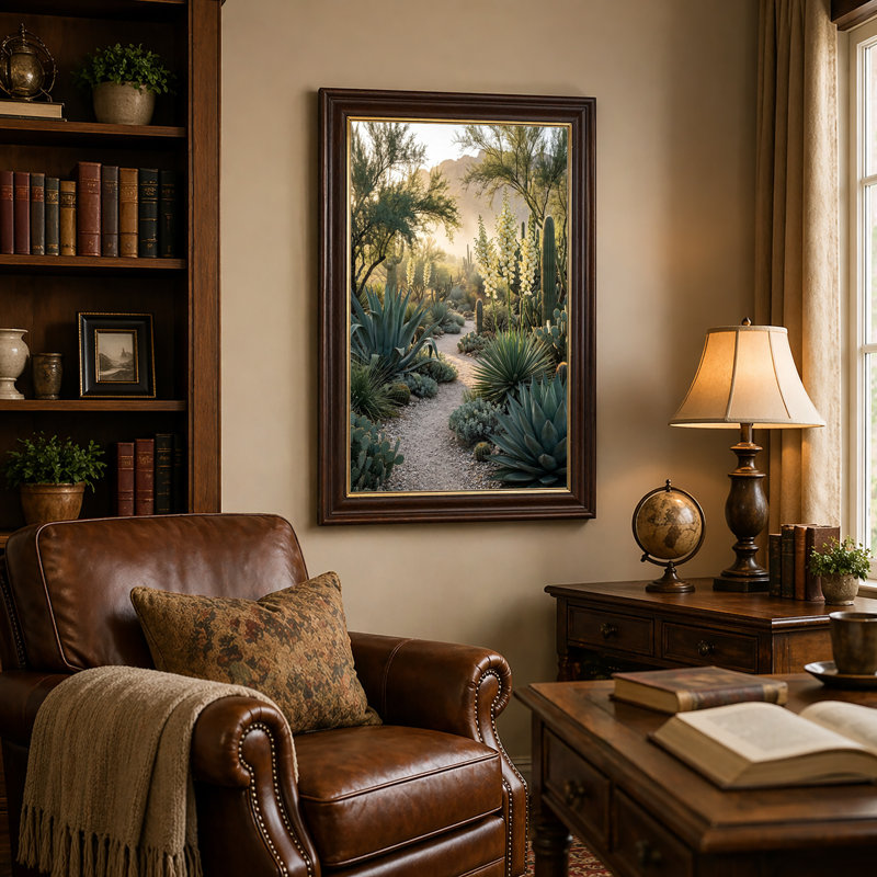 «Desert Cactus and Yucca Flower Garden Path», art mural, H 24 po x l 16 po