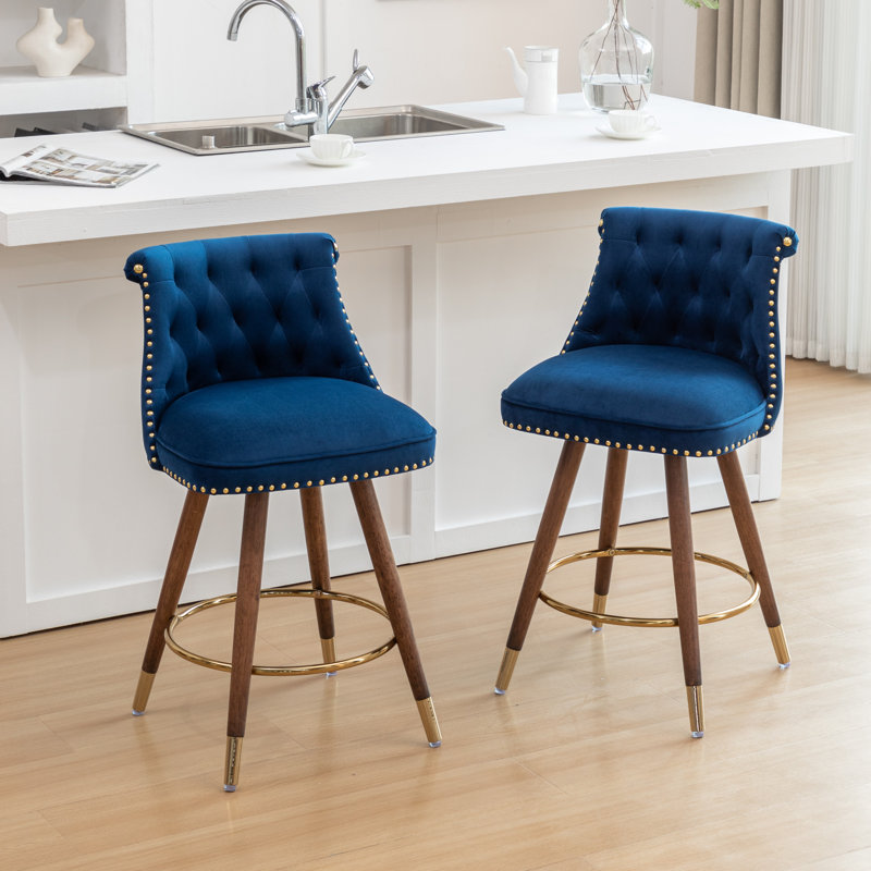 Roundhill Furniture Elvara Set of 2 Button-Tufted Counter Stools with Nailhead Trim, Blue