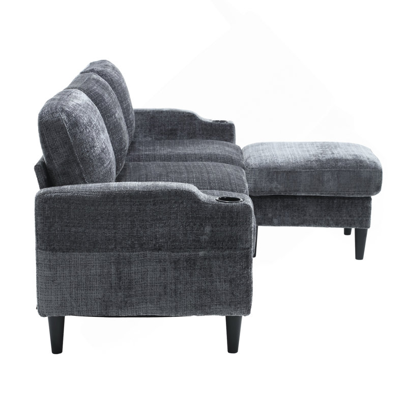 Sofa For Three, Solid Wood Frame, Chenille Fabric, Side Pocket, With Two Cup Holders, Footstool With Storagestorage Sofa /Living Room Sofa Cozy Sectional  Sofa