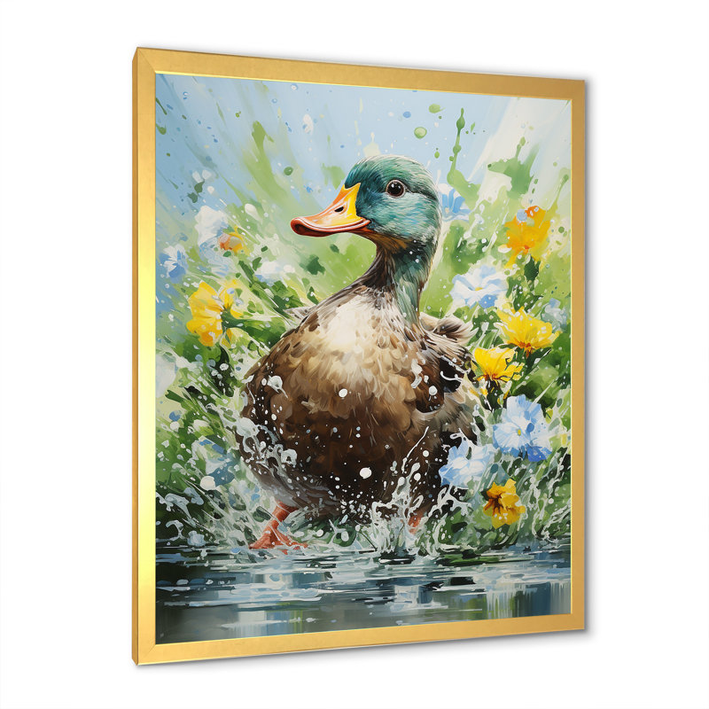 «Duck Springtime Splash Blooms», art mural canard, H 32 po x l 16 po x P 1 po, Cadre doré simple