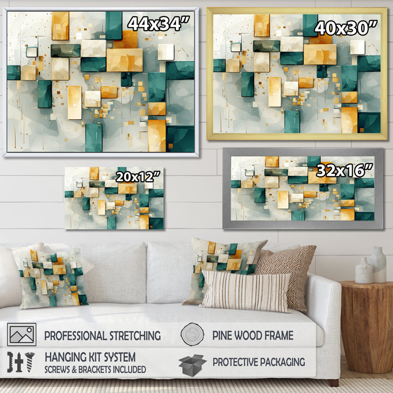 Motif géométrique rétro bleu sarcelle - impression, H 34 po x l 44 po x P 1,5 po, Cadre simple blanc