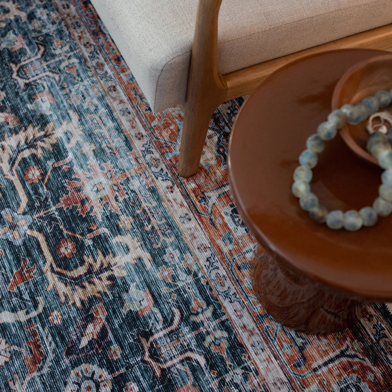 Lake Macquarie Machine Washable Performance Non-Skid Blue/Rust Rug Mat, Runner 2' x 8'