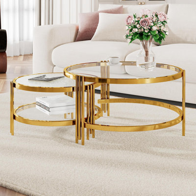 Modern 2-Piece Gold Nesting Coffee Table Set With Tempered And Textured Glass For Living Room | Gift Idea
