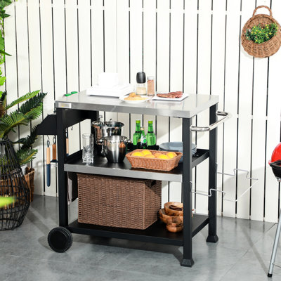 Chariot de cuisine extérieure à 3 étagères, table en acier inoxydable, étagère de 71,8 cm (L) x 50,2 cm (l), plateau amovible noir de 81,3 cm x 52,1 cm, avec porte-poubelle.