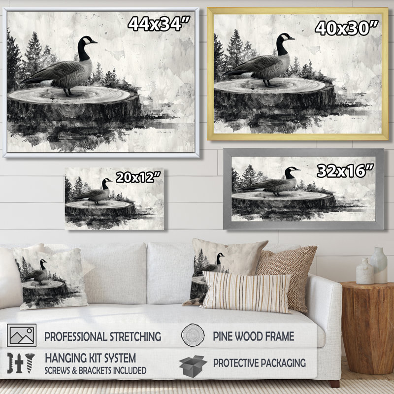 Oie monochrome par le lac en bois II - oie, art mural, Cadre flottant, H 24 po x l 32 po, Doré
