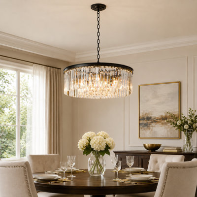 23.6 Inch 9-Light Black Wrought Iron Round Chandelier with 3-Tier Crystal