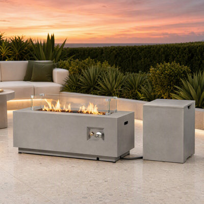 Table de foyer au propane de 107 cm (42 po), foyer extérieur rectangulaire au gaz de 50 000 BTU avec pare-vent en verre, couvercle et rangement pour la bouteille – Gris