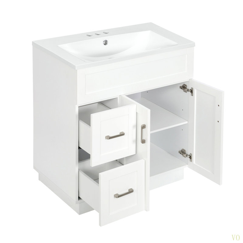 Meuble-lavabo de 30 pouces avec 2 portes, 2 tiroirs, tablette réglable, glissières cachées pour les tiroirs et charnières pour portes