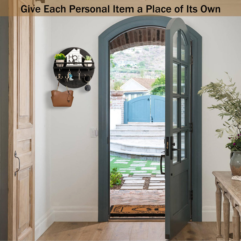 Key Holder for Wall Decorative with Shelf and Hooks, Black
