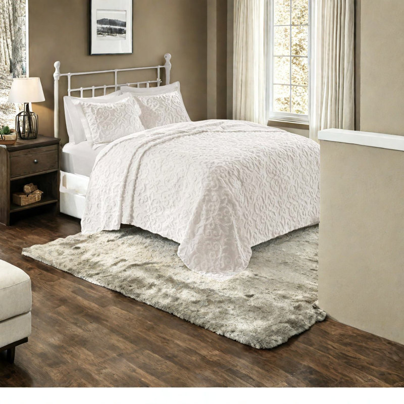 Ensemble de literie Farmhouse, en chenille de coton, blanc cassé, très grand / très grand californien