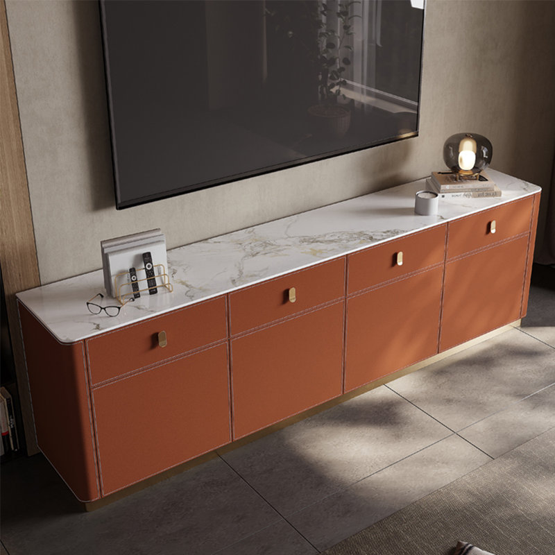Meuble télé en similicuir de style américain, 86.61", Blanc / Orange