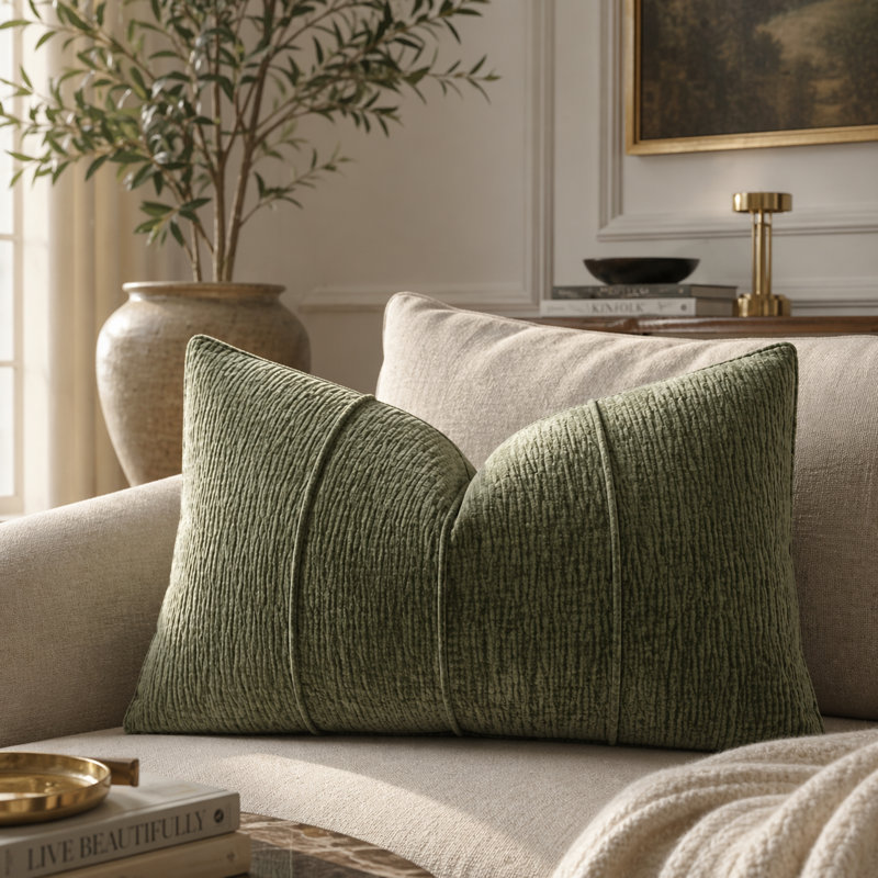 Housse de coussin décoratif lombaire en chenille verte 12 X 20, housse de coussin décoratif texturé côtelé texturé, paquet de 1