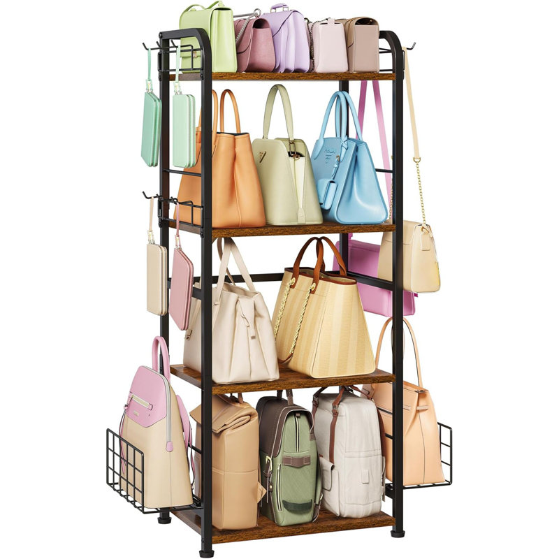 Organisateur de sac à main à 4 niveaux pour garde-robe avec 3 crochets latéraux et 2 paniers