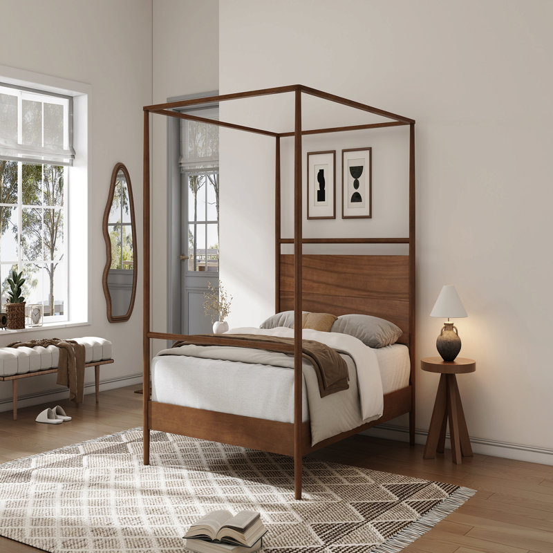 Solid Wood Canopy Bed Frame Four Posters Bed No Box Spring Needed,Full Size,Walnut
