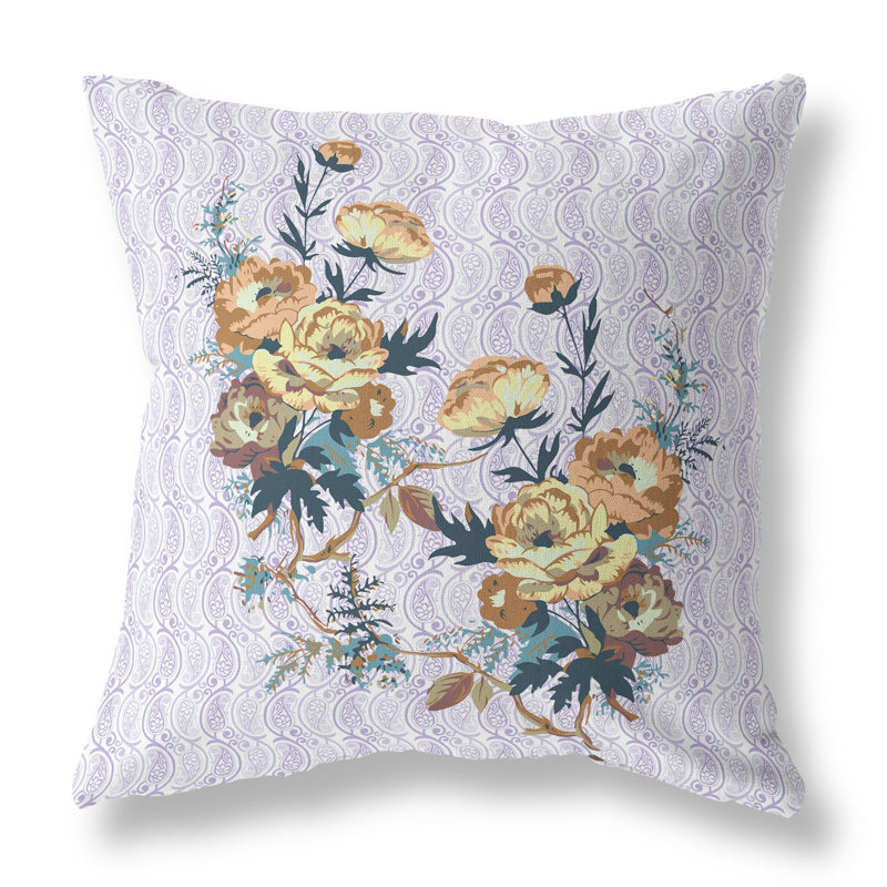 Oreiller réversible floral intérieur / extérieur Rosemary Rosebuds, Orange / floral mauve, H 16 po x l 16 po