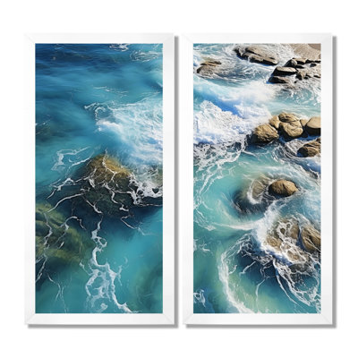 Vue aérienne sur une île tropicale - impressions sur toile de plage côtière, ensemble d'art mural bleu côtier de 2