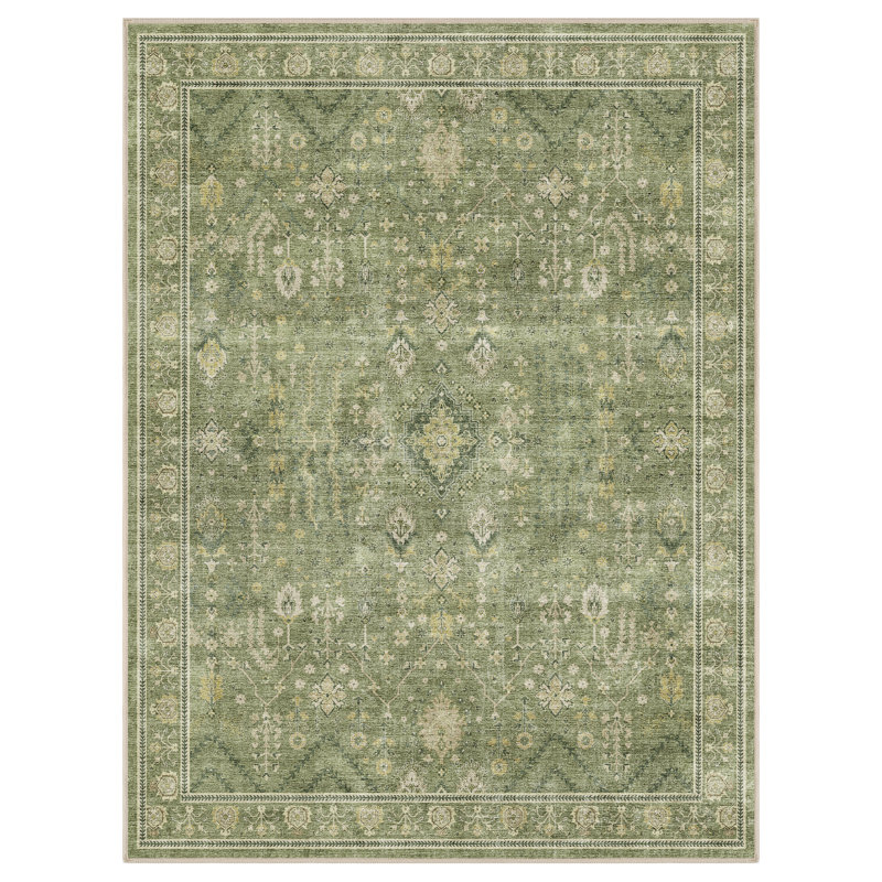 Tapis traditionnel délavé antidérapant lavable, Olive / vert sauge, Rectangle 9 pi x 12 pi
