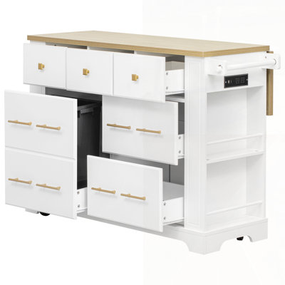 Versatile White Rolling Kitchen Island With 6 Drawers, Pull Out Trash Can, Drop Leaf, Power Outlet, And Open Racks For Enhanced Storage And Functionality