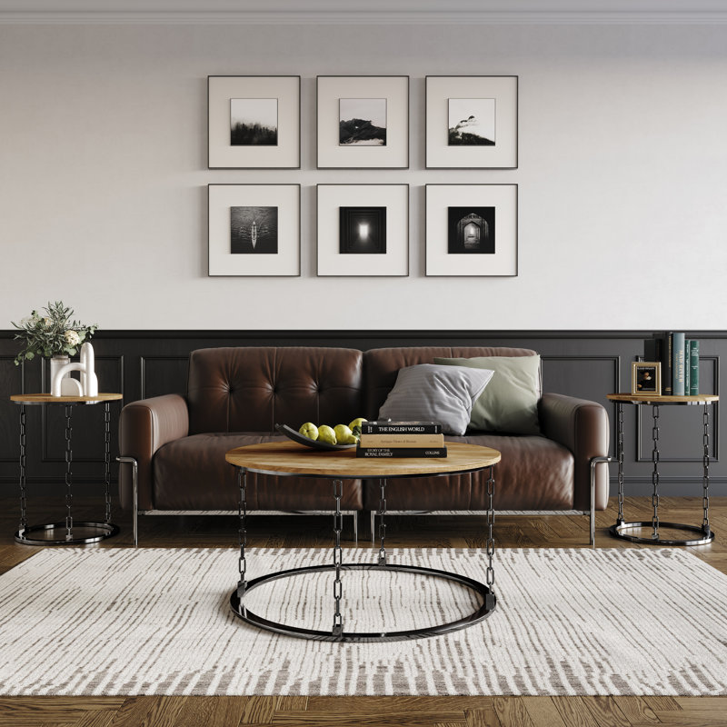 3 Pcs Metal Coffee Table Set in Light Oak, Light Oak