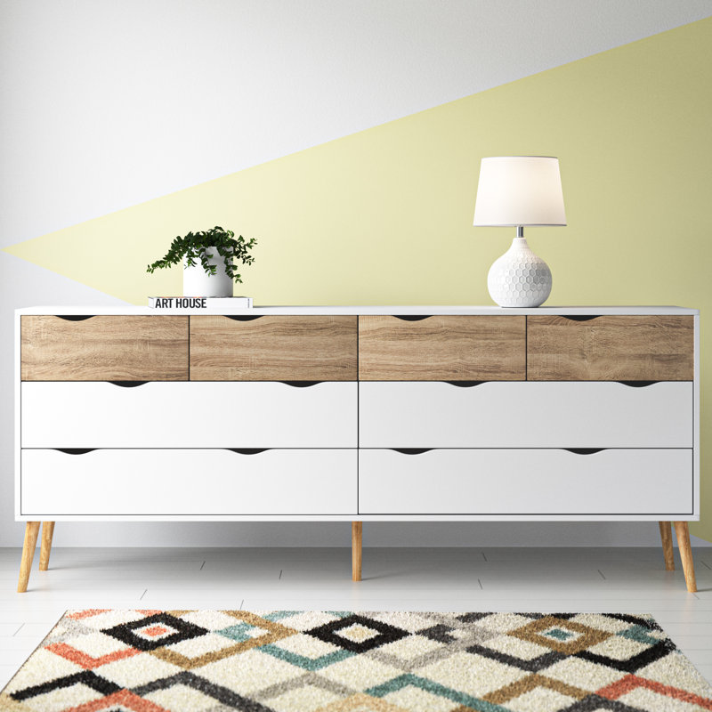 Justus 8 Drawer 77.05" W Double Dresser, Oak/White
