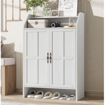 47'' Tall Farmhouse Shoe Cabinet with 2 Doors, Shoe Storage Cabinet for Entryway with Adjustable Shelves & Open Storage Rack, Shoe Rack Cabinet for Hallway, Living Room (White)