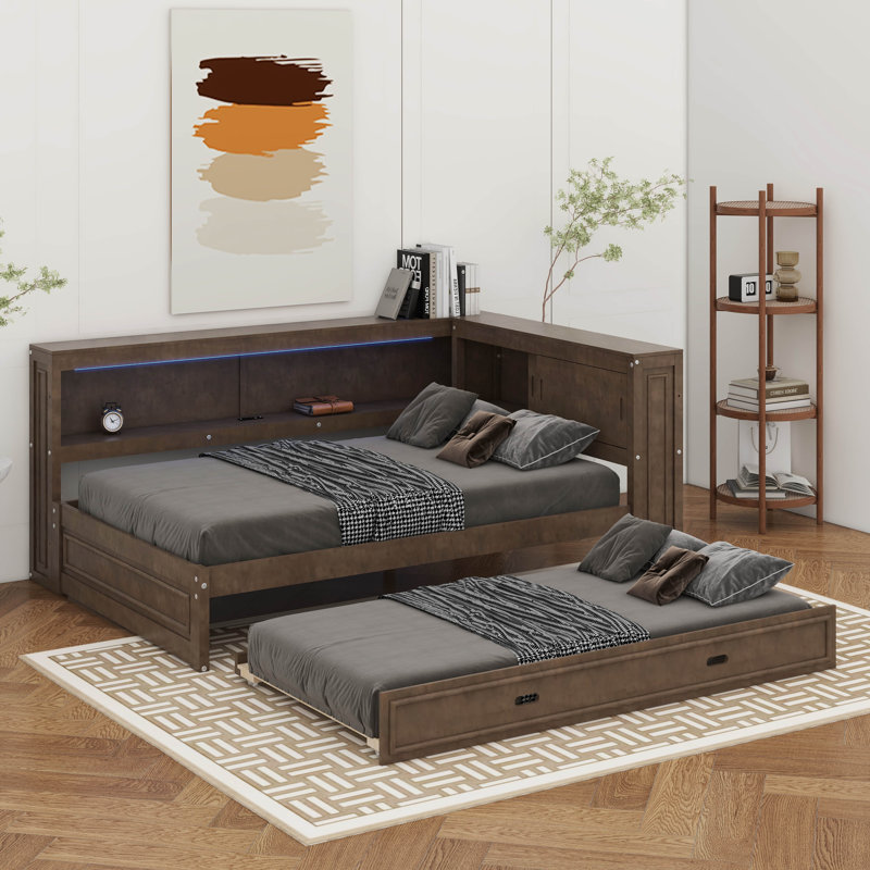 Lit de jour en bois pleine grandeur avec tablettes, DEL et lit gigogne, Couleur de bois antique