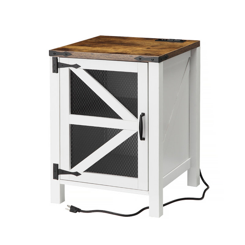 Farmhouse End Table with Charging Station, Mesh Barn Door, Magnetic Door, Adjustable Storage Shelf, Nightstand Square End Tables, Rustic Wood Sofa Side Table for Bedroom, Living Room