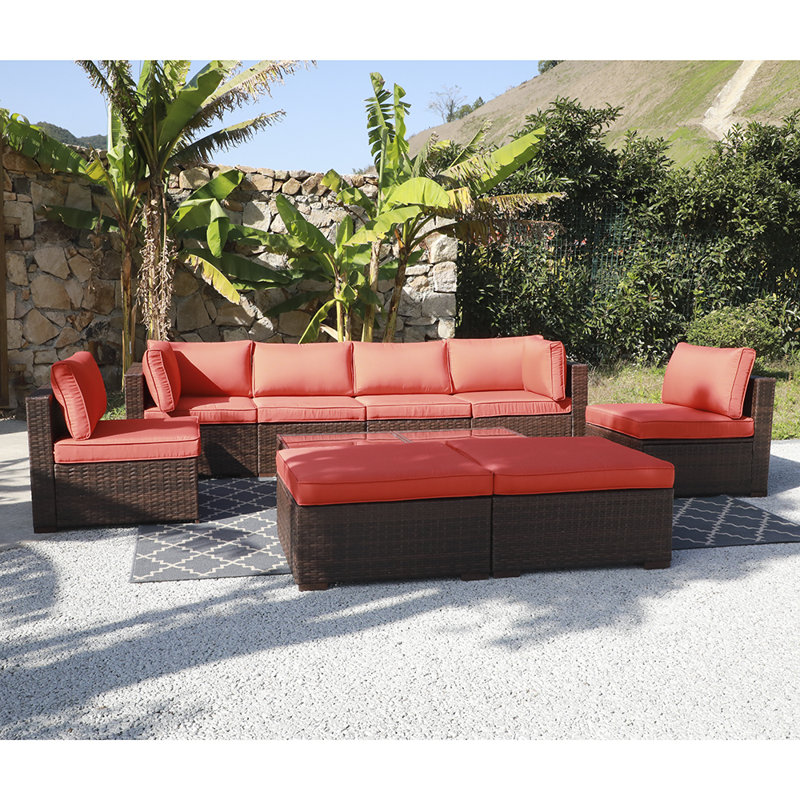 Wicker 8 - Person Modular Patio Conversation Set with Cushions, Brown Frame/Orange Cushion