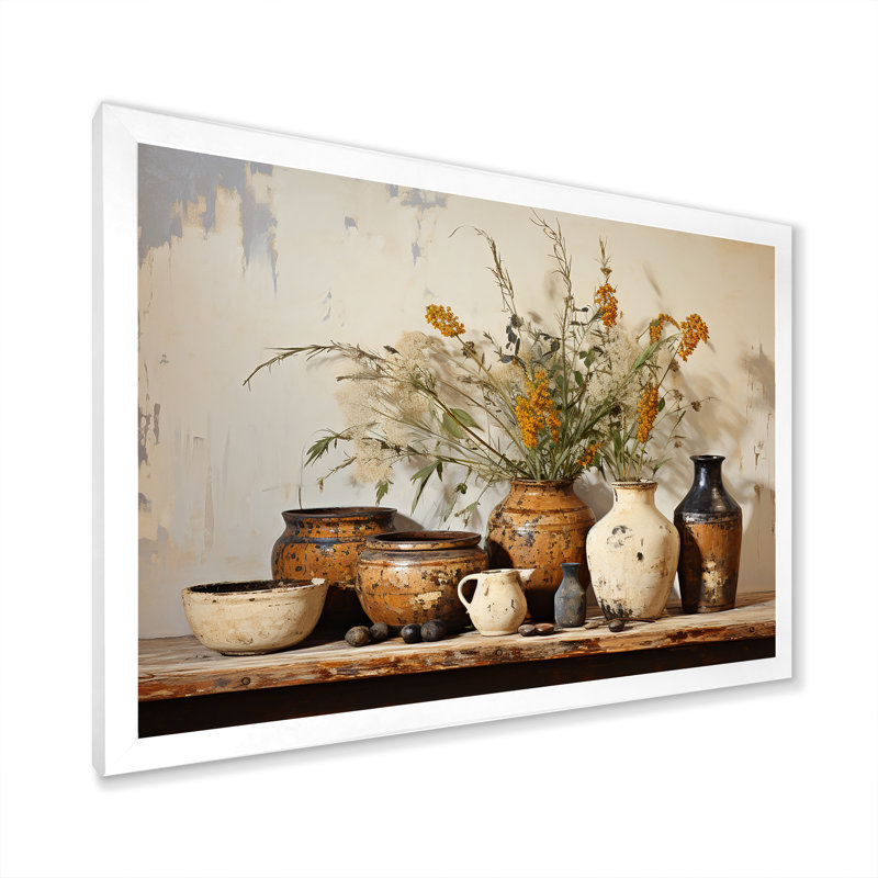 Art floral brun sur poterie rétro, Blanc, H 24 po x l 32 po, Impression encadrée