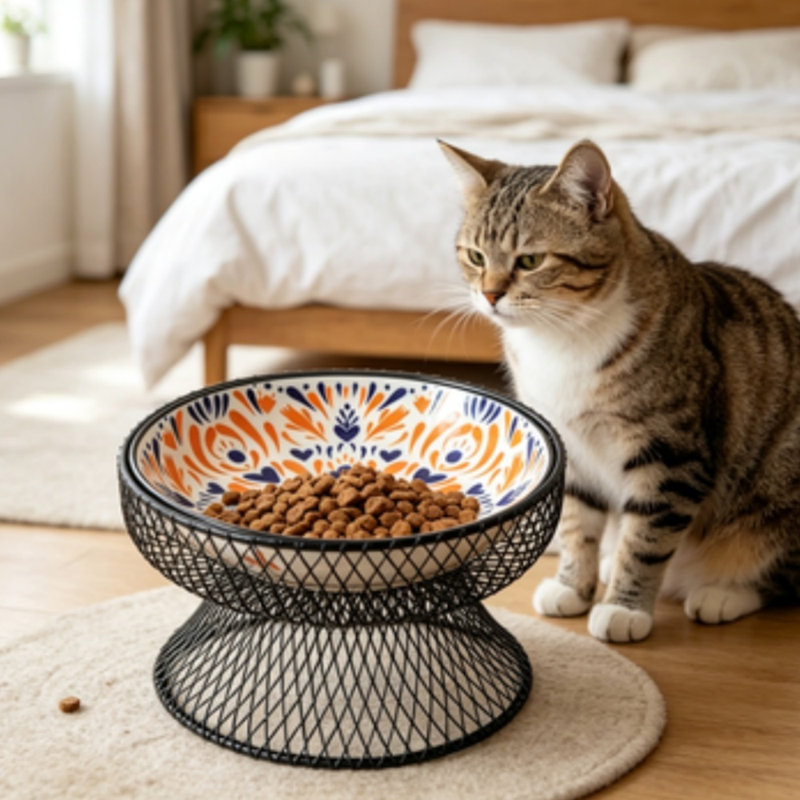 Bohemian Printed Elevated Ceramic Cat Bowl, Neck Support Anti-Slip Raised Pet Food Dish for Cats