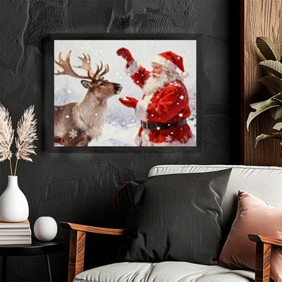 Art mural rétro de Noël noir - Père Noël et renne, décor de fête avec peinture à l'huile classique, impressions encadrées