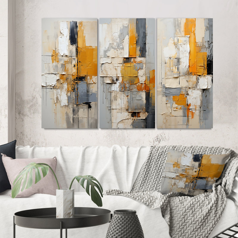 3 pièces sur toile - Assemblage abstrait, H 32 po x l 48 po, Toile tendue