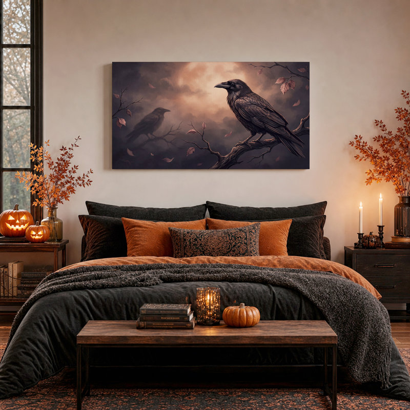 Toile noire d'Halloween perchée sur une branche, ciel éclairé par la lune, 32“W x 16”H