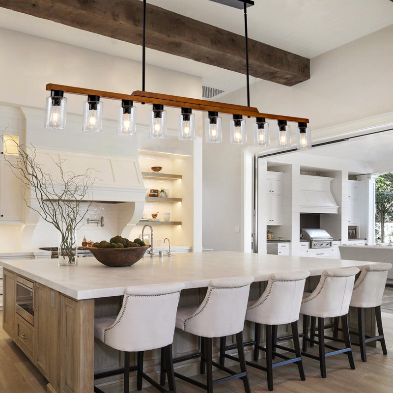 10 Lights Rustic Wood Linear Pendant Light, Adjustable Farmhouse Chandelier With Seeded Glass Shades For Kitchen Island And Dining Room