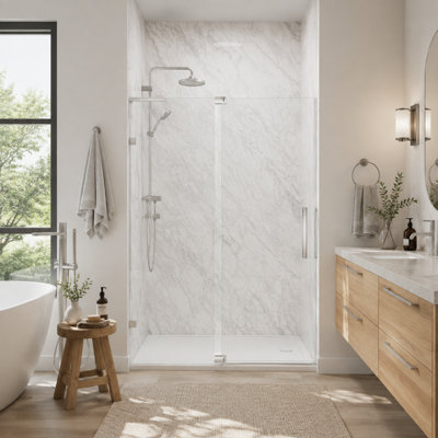 Porte de douche à charnière pivotante entièrement sans cadre l 44 à 48 po x H 70 po | Verre trempé clair de 5/8 po (8 mm) avec cadre en aluminium chromé