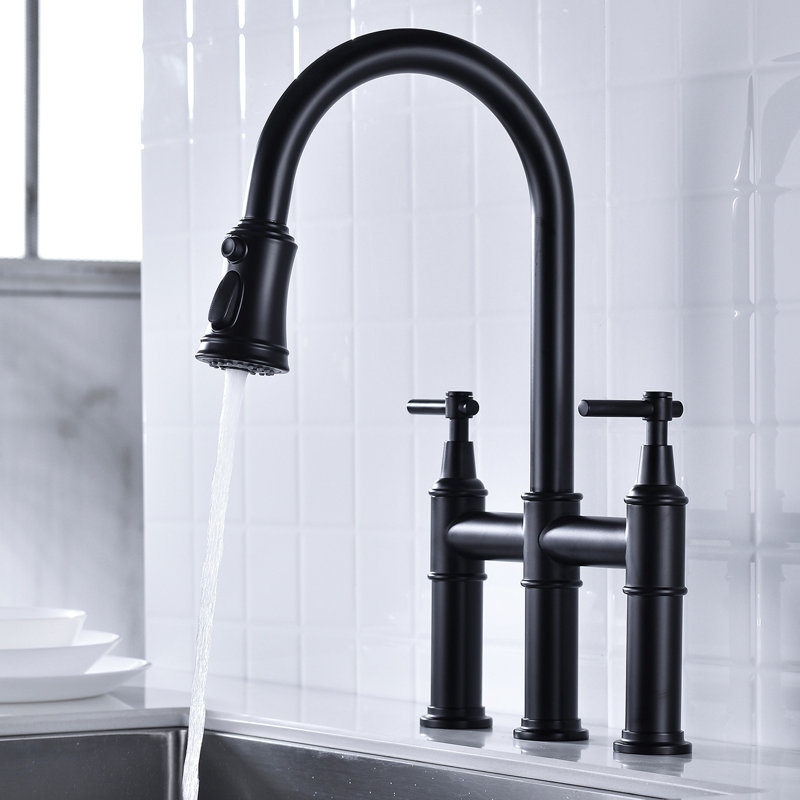 Matte Black Bridge Kitchen Faucet With Pull-Down Functionality - Dual Handle For Precise Flow And Temperature Adjustment 360 Rotating High Nozzle Enhanced Sink Space Quality Brass Material Durability