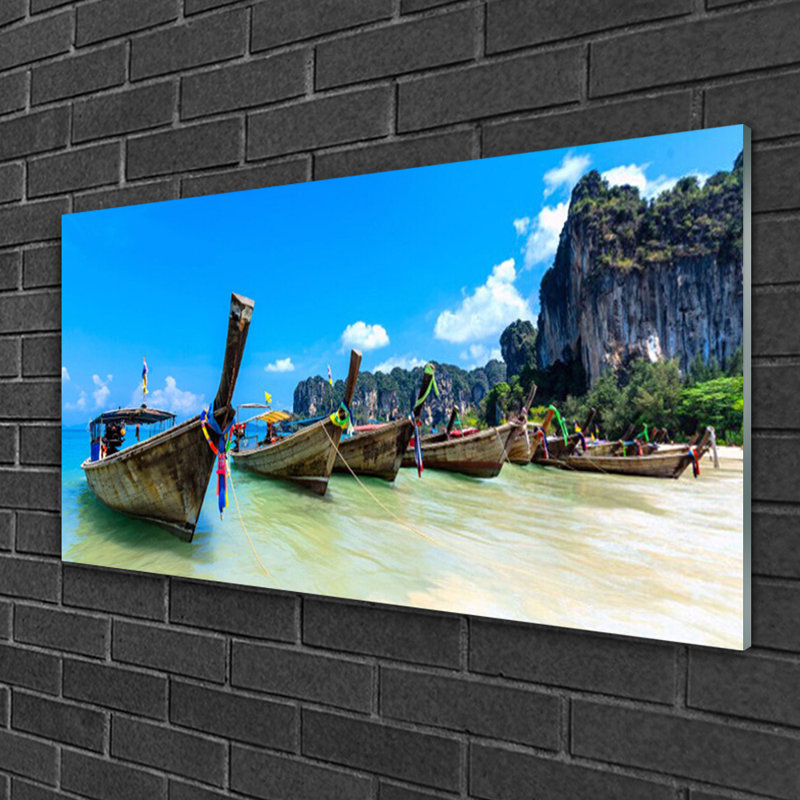Landscape Boats Sea Beach - No Frame Print on Glass