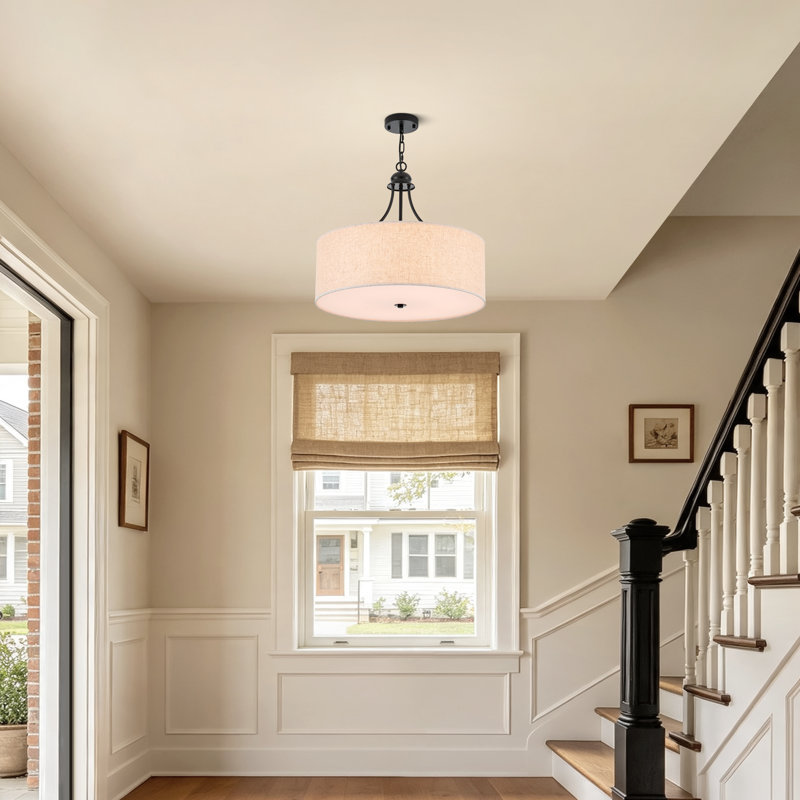 6-Light Modern Drum Black Chandelier with Linen Shade, Matte Black