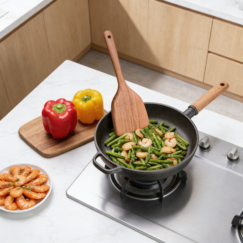 Ensemble de 5 cuillères en bois pour batterie de cuisine antiadhésive - Ustensiles de cuisine naturels avec spatule, Turner fendu, cuillère à pâtes, fourchette à salade et cuillère à mélanger - Outils de cuisson durables et résistants aux égrat