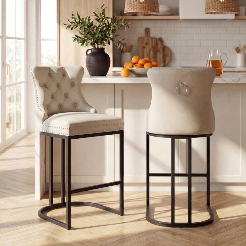 26" Modern Upholstered Counter Height Bar Stools with Nailhead Trim, Beige Seat/Black Legs/Faux Leather