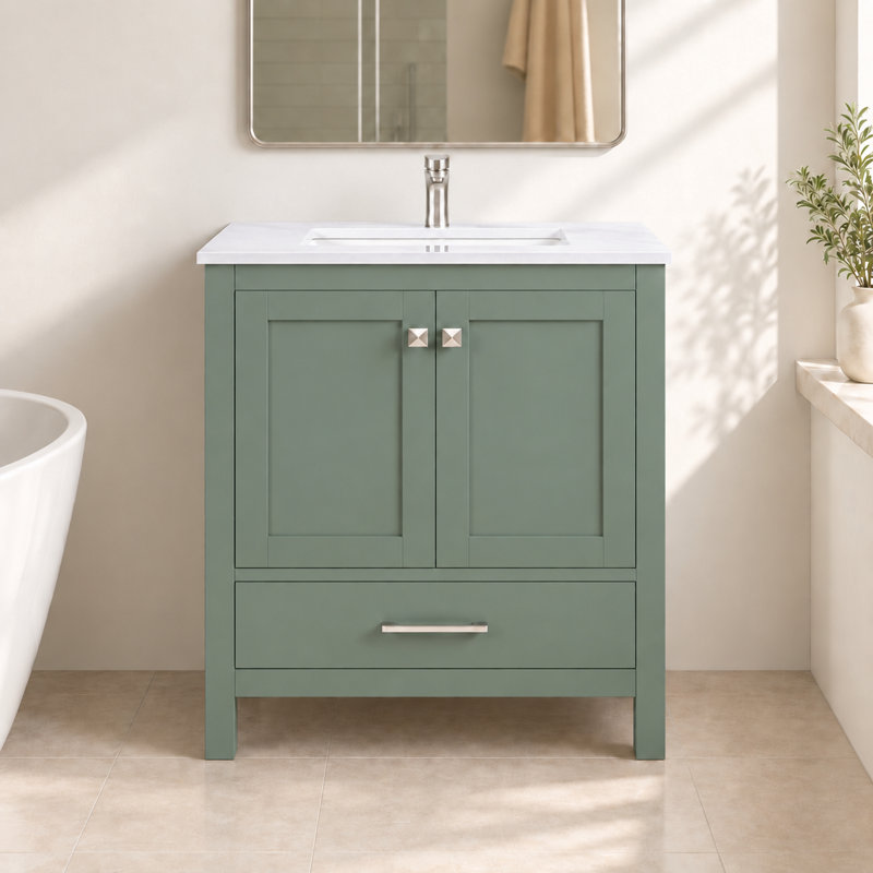 Ensemble de meuble-lavabo autoportant 30 po Anvay en vert forêt avec comptoir en quartz de Carrare, Quartz - blanc de Carrare