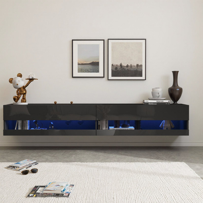 Elegant 80" Wall-Mounted Floating TV Stand with LED Lights & Charging Station – Modern White Design for Living Room, Black